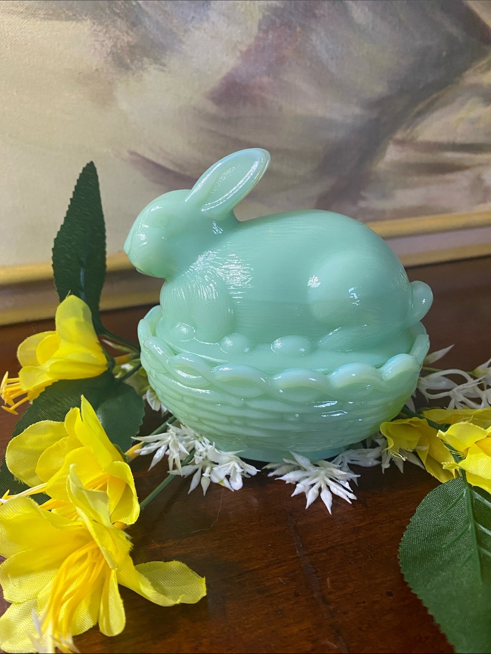 Mosser Jadeite Bunny on Basket.
